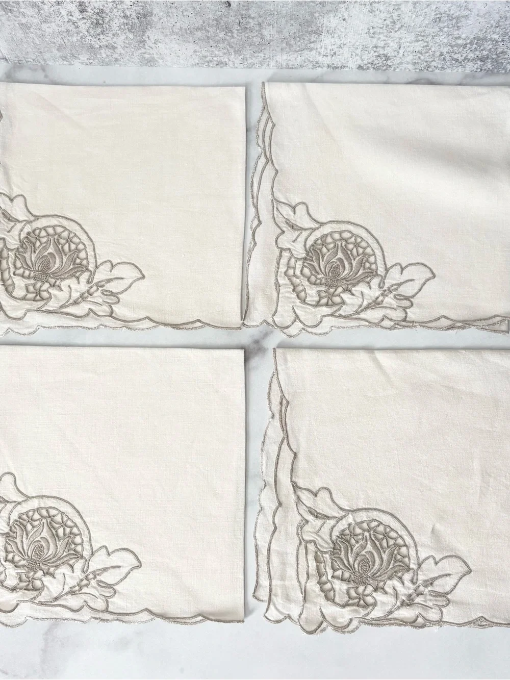 Vintage Linen Napkins Set of 6 Floral Cutwork Embroidered Scalloped Edge